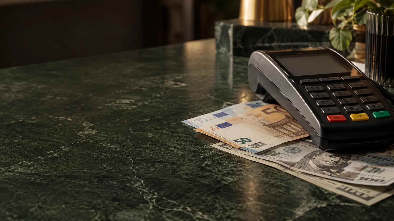 Terminal płatniczy i banknoty euro na ladzie kantoru